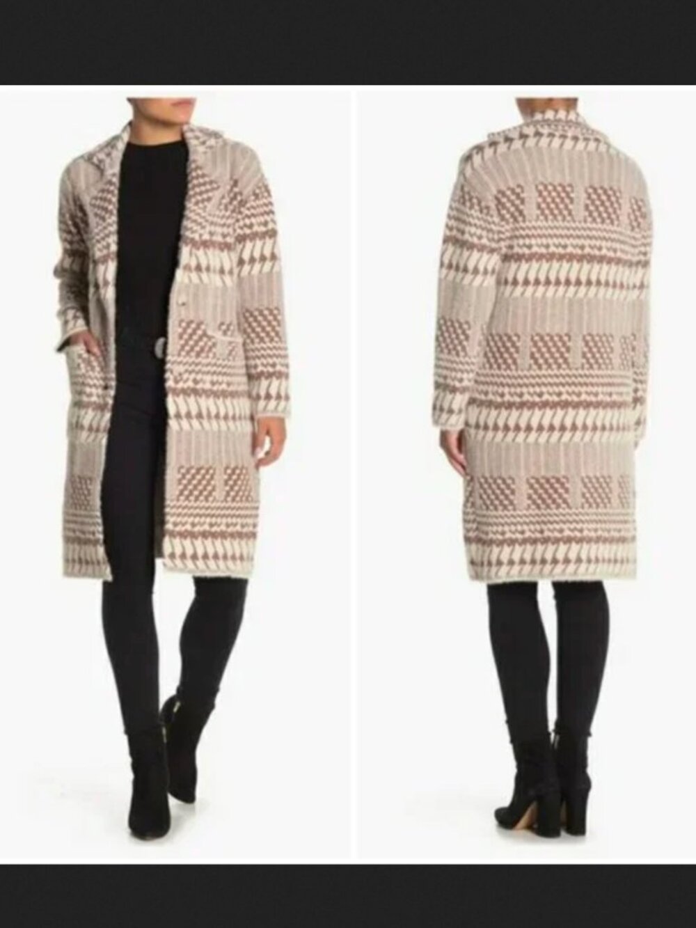 NWT size Large LOVE TOKEN Zendaya Knee Length Sweater Coat Cardigan Camel Print
